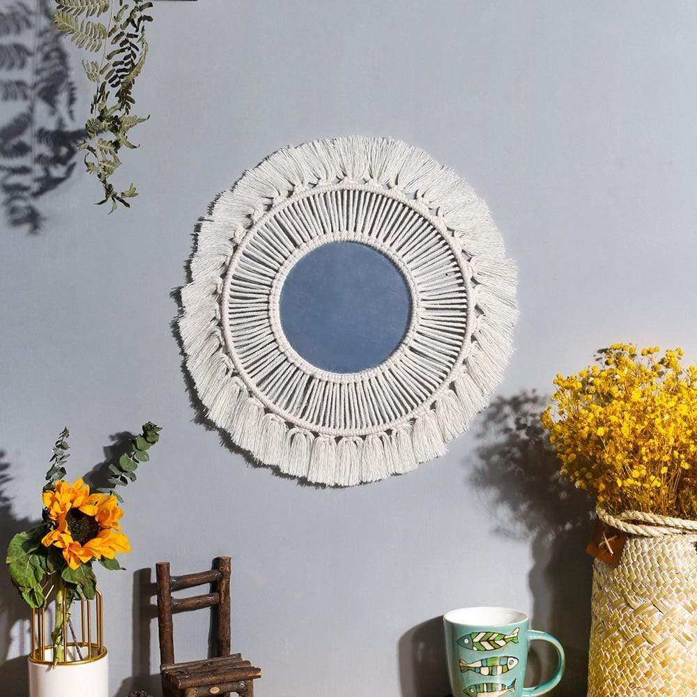 White Macrame Round Mirror
