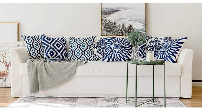 Blue and White Geometric Cushion Covers