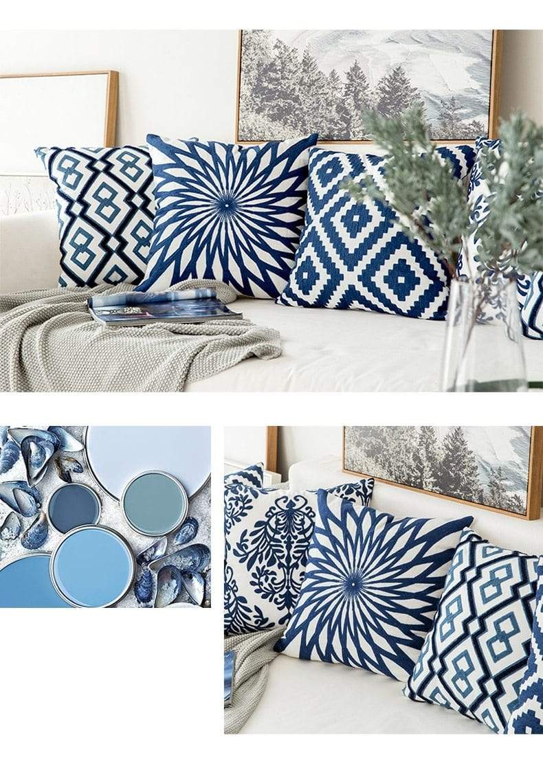 Blue and White Geometric Cushion Covers