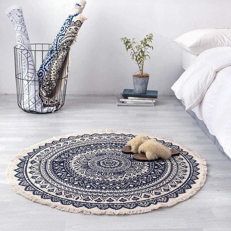 Bohemian Dark Blue & White Round Area Rug