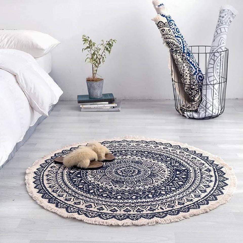 Bohemian Dark Blue & White Round Area Rug