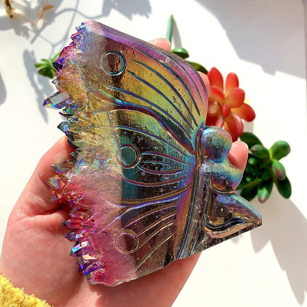 Rainbow Aura Quartz Butterfly Carving