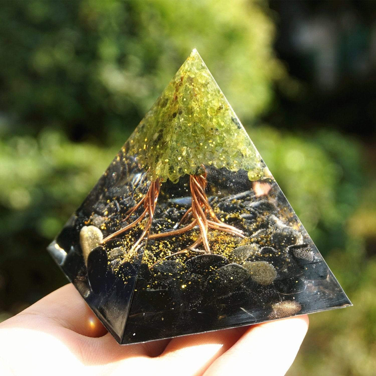 Peridot & Obsidian Tree of Life Orgone Pyramid