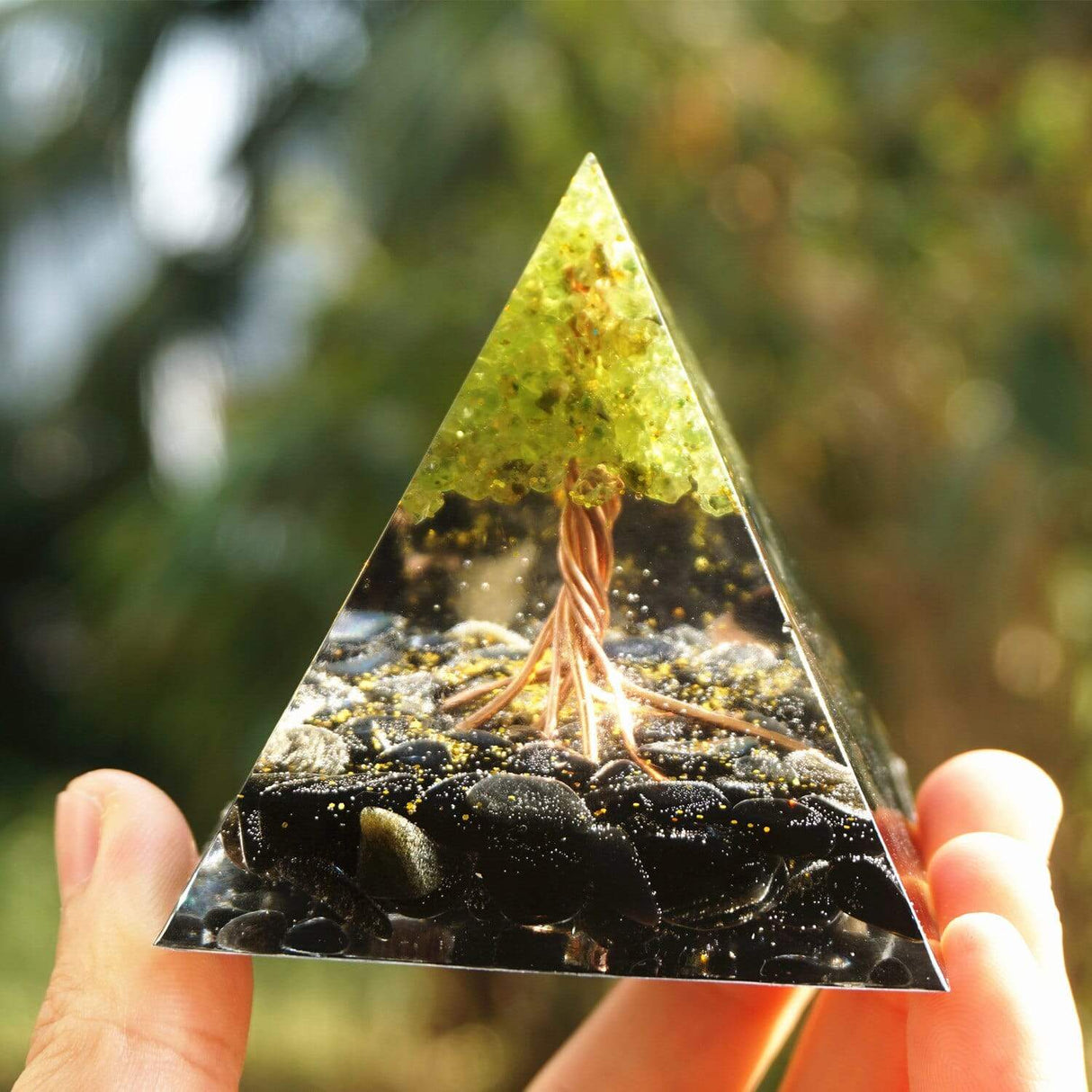 Peridot & Obsidian Tree of Life Orgone Pyramid