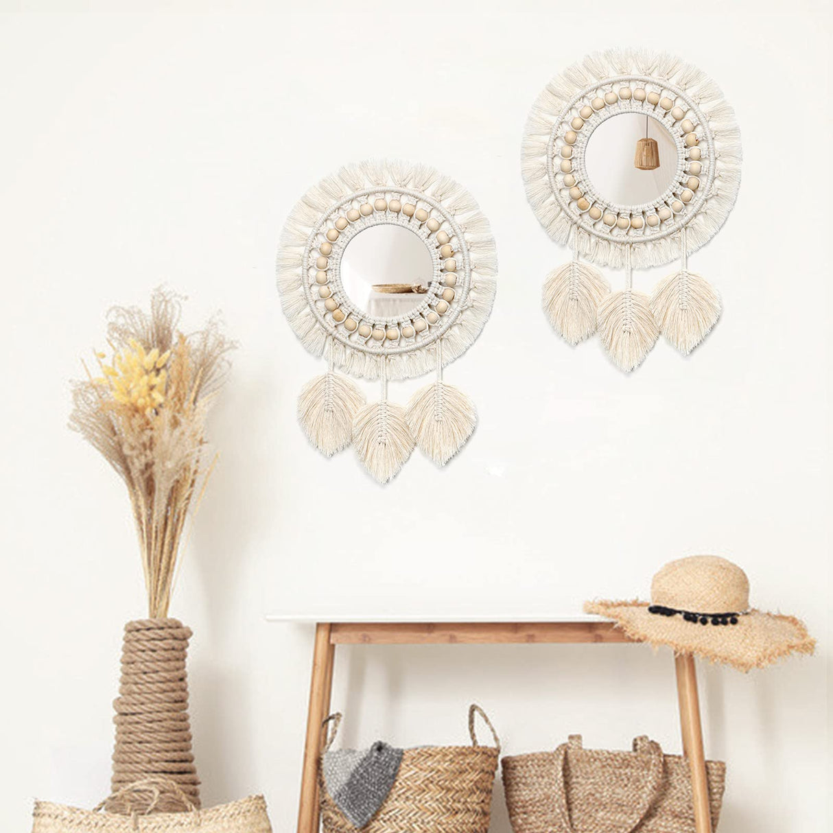 White Macrame Round Mirror