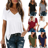 2021 Solid Color Short-Sleeved V-Neck Pocket T-Shirt