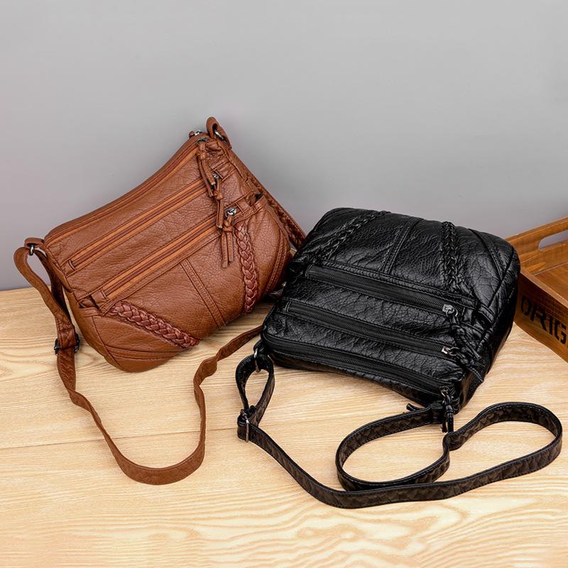 Casual soft leather solid color large capacity shoulder bag