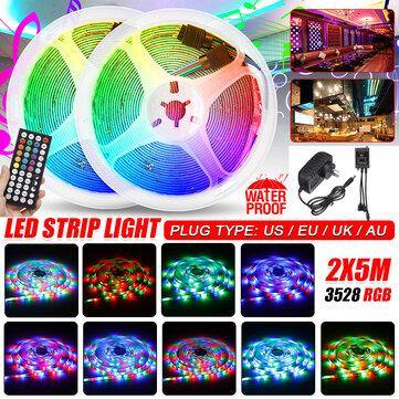 2x5M Music Sound Activated LED Strip Light Waterproof 3528 RGB Tape Under Cabinet Kitchen Lamp Set + 44Keys Remote Control