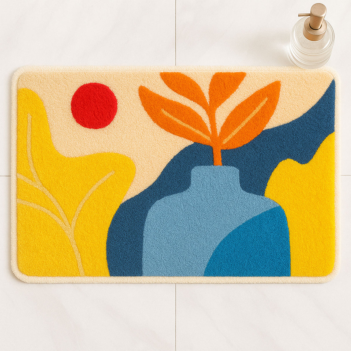 Feblilac Modern Abstract Vase Bath Mat – Artistic Non-Slip Rug in Yellow, Blue & Red