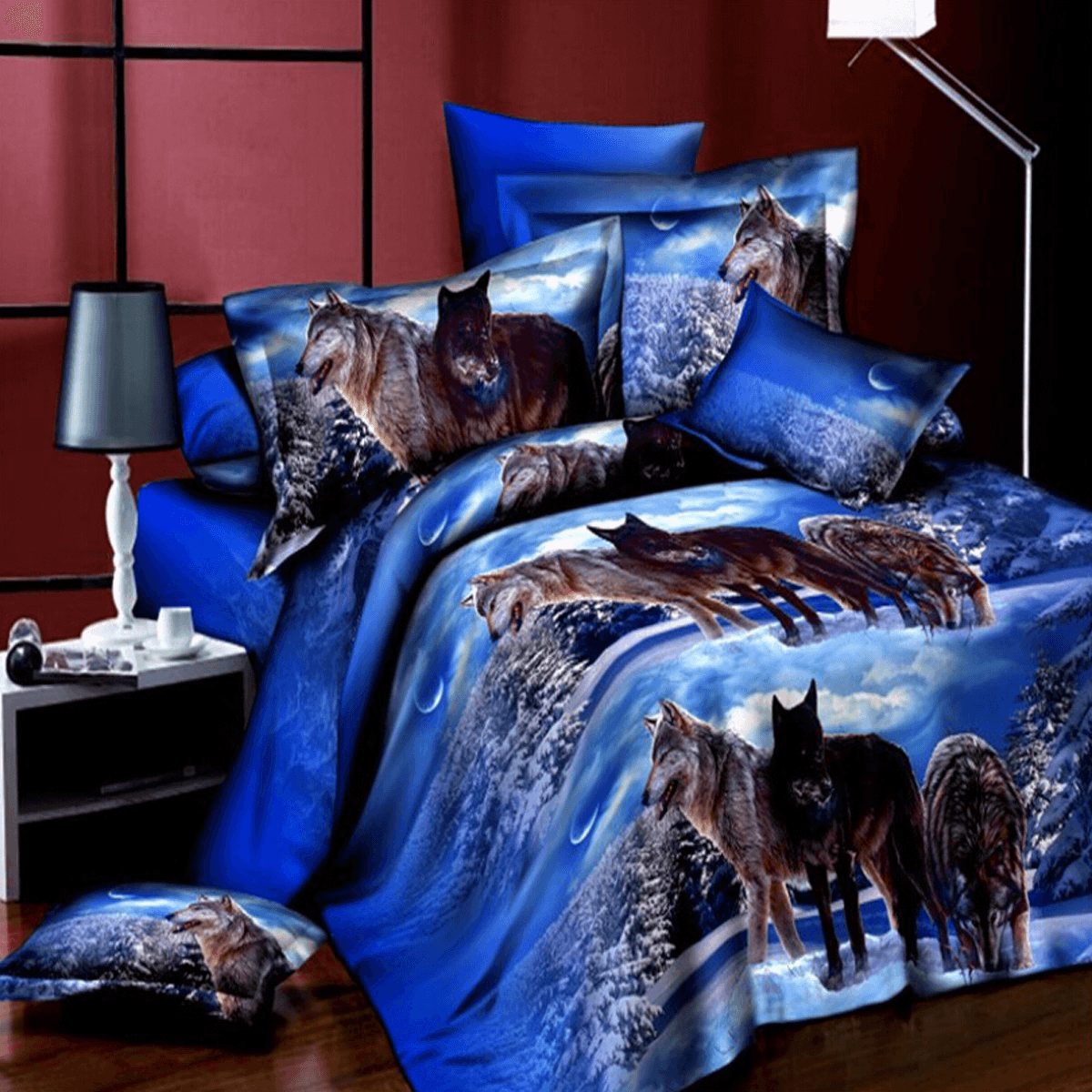 4Pcs Suit 3D Snowfield Wolf Reactive Dyeing Polyester Fiber Bedding Sets Queen Size