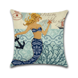 Cartoon Mermaid Printed Cotton Linen Square Cushion Cover House Sofa Car Decor Pillow Case