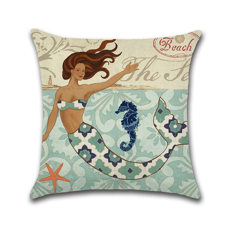 Cartoon Mermaid Printed Cotton Linen Square Cushion Cover House Sofa Car Decor Pillow Case