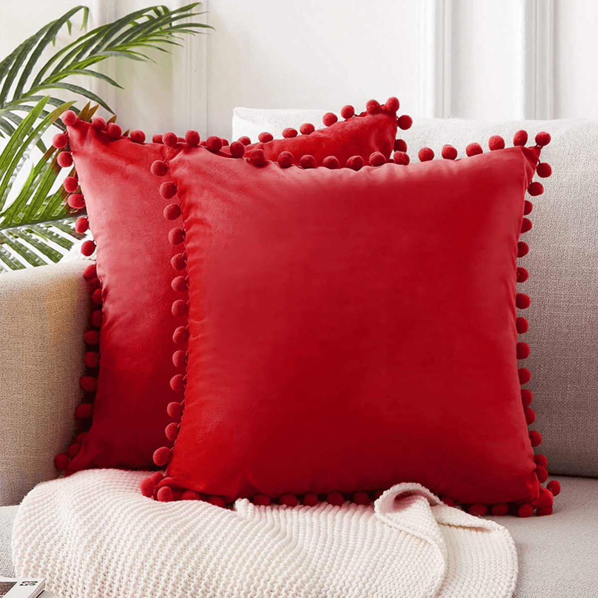 45*45Cm Soft Velvet Pillow Covers Cute Pom Poms Throw Pillow Covers Square Cushion Case for Sofa Couch Home Decor