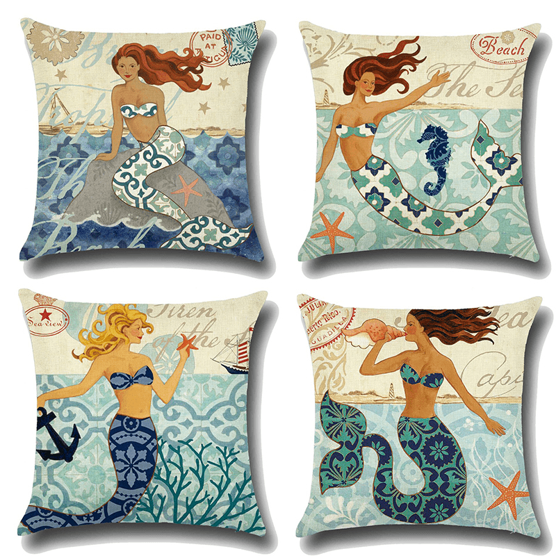 Cartoon Mermaid Printed Cotton Linen Square Cushion Cover House Sofa Car Decor Pillow Case