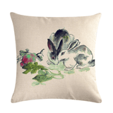 Chinese Watercolor Rabbit Printing Linen Cotton Throw Pillow Cover Home Sofa Office Seat Pillow Case