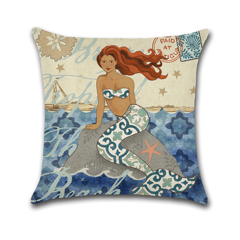 Cartoon Mermaid Printed Cotton Linen Square Cushion Cover House Sofa Car Decor Pillow Case