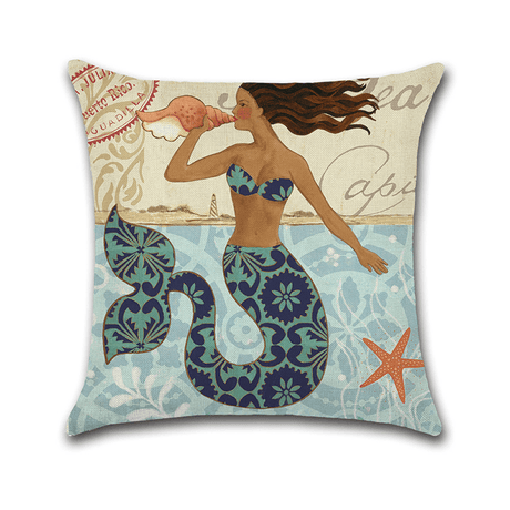 Cartoon Mermaid Printed Cotton Linen Square Cushion Cover House Sofa Car Decor Pillow Case