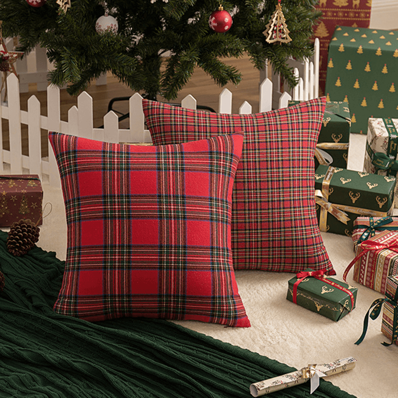 2PC Square Pillow Case Christmas Scottish Plaid Throw Waist Cushion Cover 18"