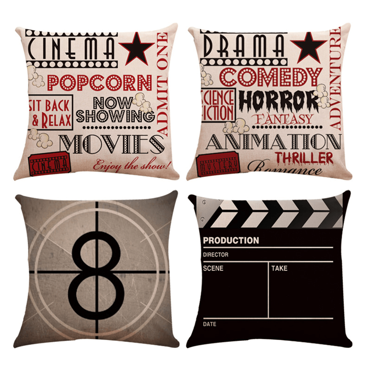 4PCS Linen Sofa Car Home Movie Theater Cinema Pillow Case Cushion Cover