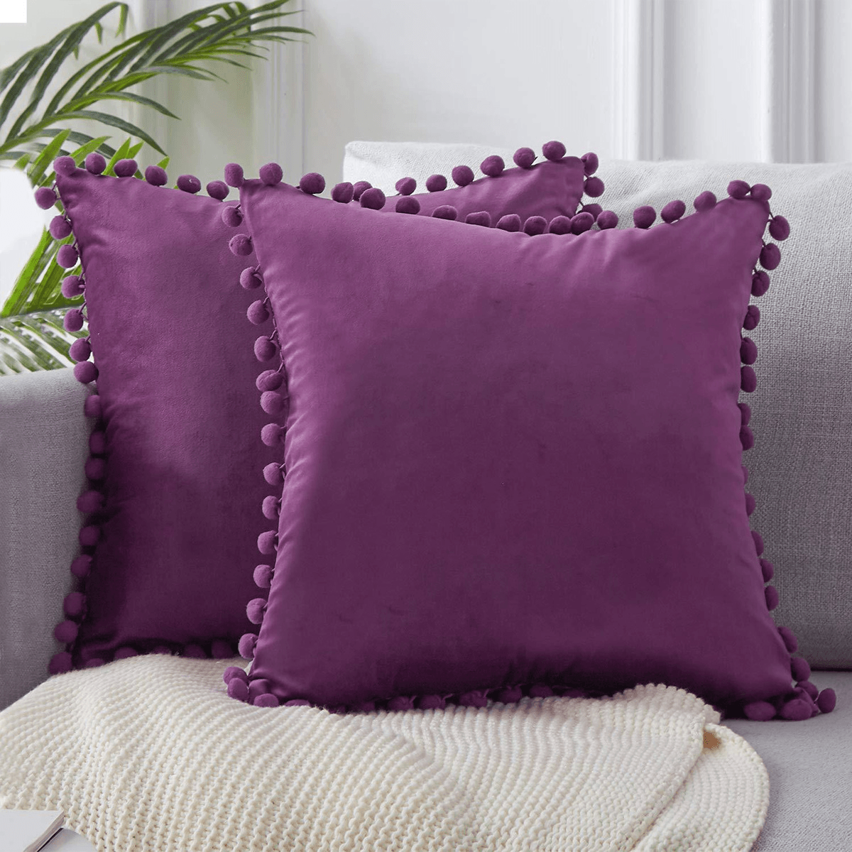 45*45Cm Soft Velvet Pillow Covers Cute Pom Poms Throw Pillow Covers Square Cushion Case for Sofa Couch Home Decor