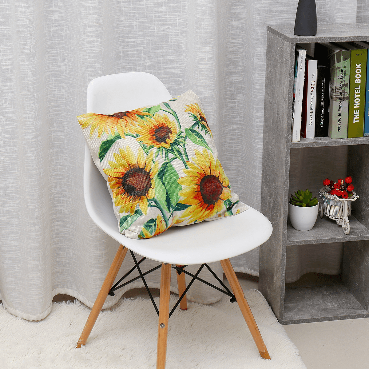 18X18Inch Square Linen Sunflowers Cushion Pillow Case Protective Cover 2pcs