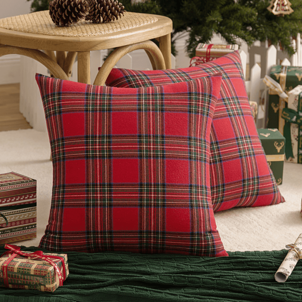 2PC Square Pillow Case Christmas Scottish Plaid Throw Waist Cushion Cover 18"