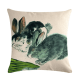 Chinese Watercolor Rabbit Printing Linen Cotton Throw Pillow Cover Home Sofa Office Seat Pillow Case