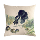 Chinese Watercolor Rabbit Printing Linen Cotton Throw Pillow Cover Home Sofa Office Seat Pillow Case