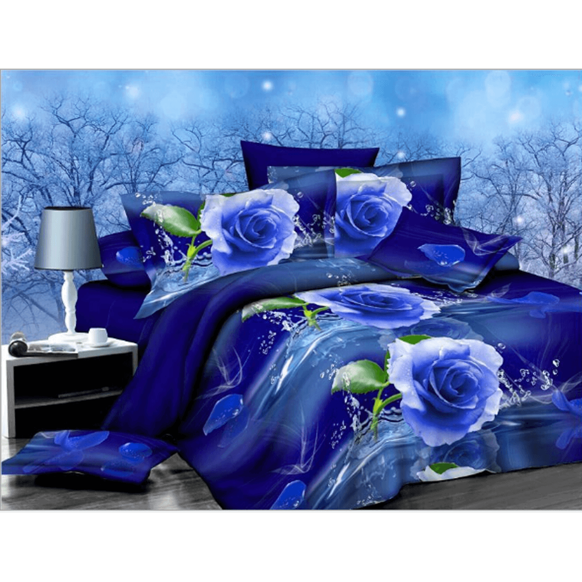 2PCS 3D Blue Rose Printed Bedding Pillowcase Quilt Cover Twin Bed Size Bedding Sets