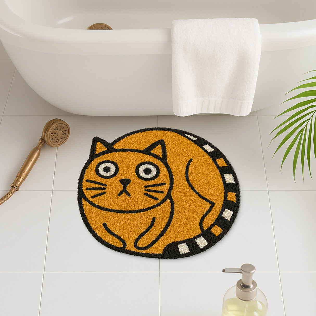 Round Cat Bath Mat – Yellow Cartoon Kitty Rug, Soft and Non-Slip Tufted Floor Mat for Bathroom, Bedroom or Entryway