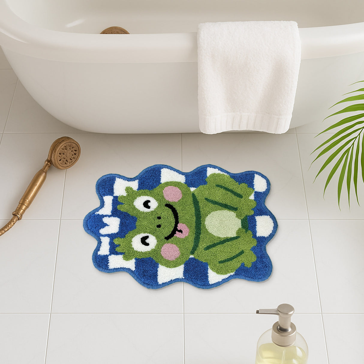 Feblilac Frog Tufted Rug – Cute Checkerboard Cartoon Frog Bathroom & Kids Room Mat