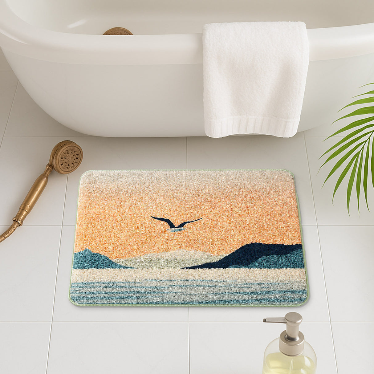 Feblilac Sunset Seagull Coastal Bath Mat – Soft, Absorbent & Non-Slip