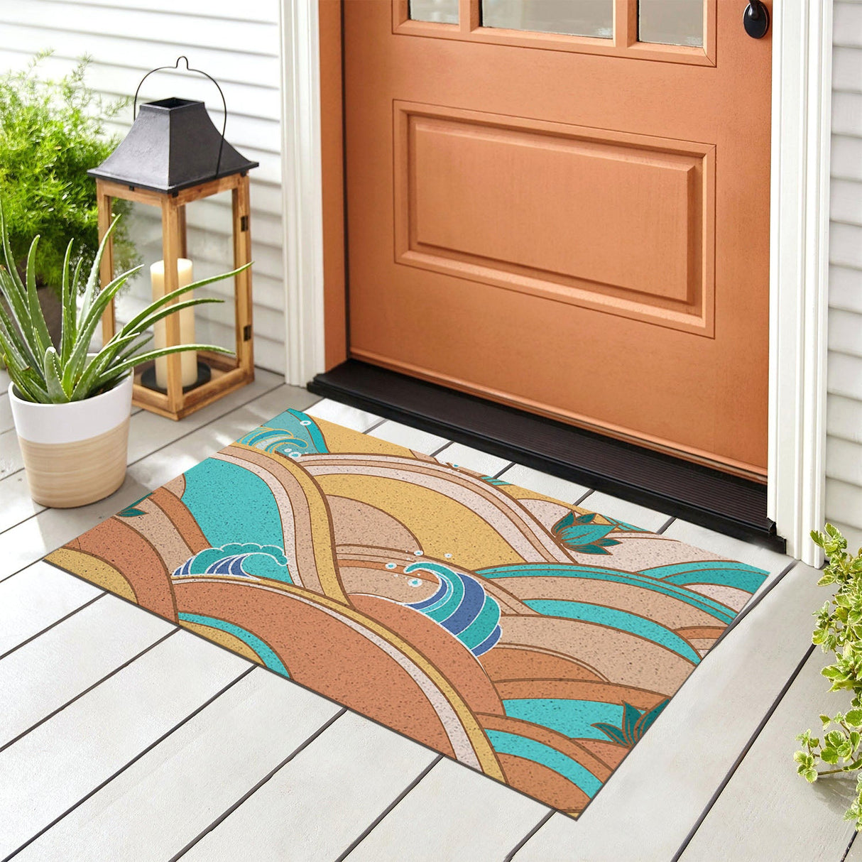 Feblilac Yellow and blue Japanese Waves PVC Coil Door Mat