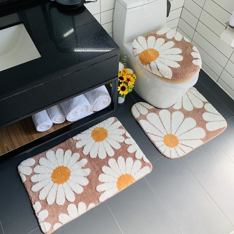 Feblilac Brown Daisy Bath Mat Set, Flower Floral Bathroom Rug Set, Toilet Cover Mat