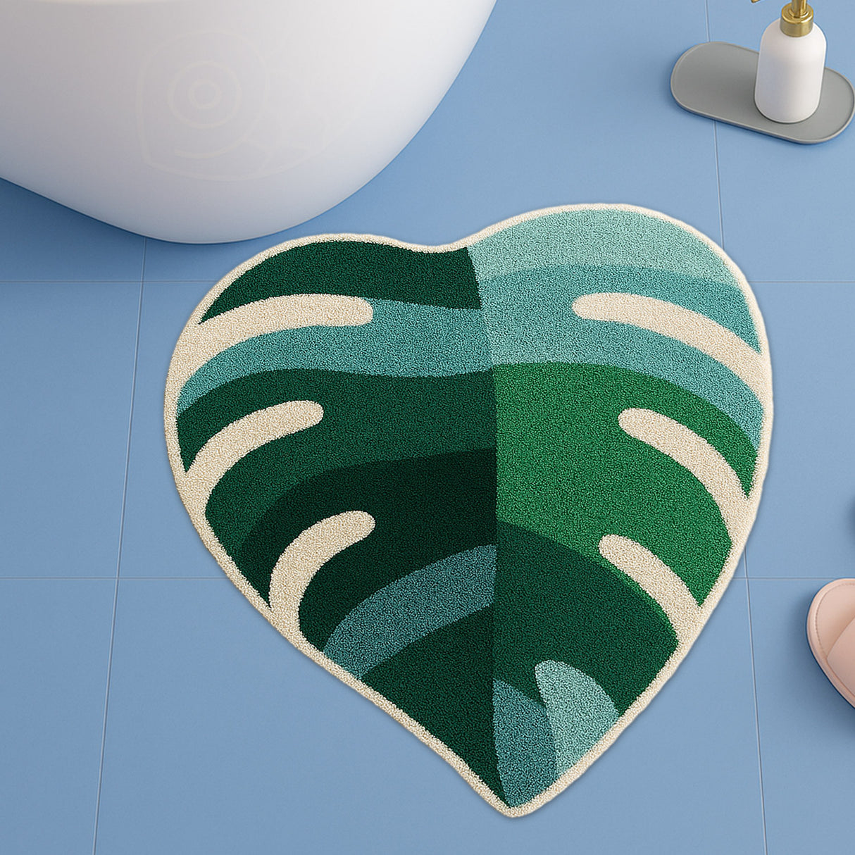 Monstera Leaf Bath Mat – Irregular Shaped Green Botanical Rug for Bathroom & Bedroom