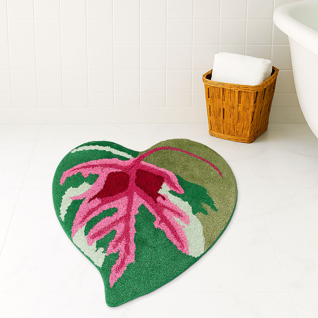 Leaf Shaped Bath Mat – Tropical Pink and Green Rug for Bathroom, Bedroom, Entryway