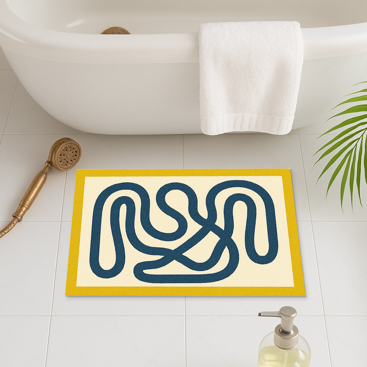 Feblilac Abstract Blue Line Tufted Bath Mat – Soft & Modern Bathroom Rug