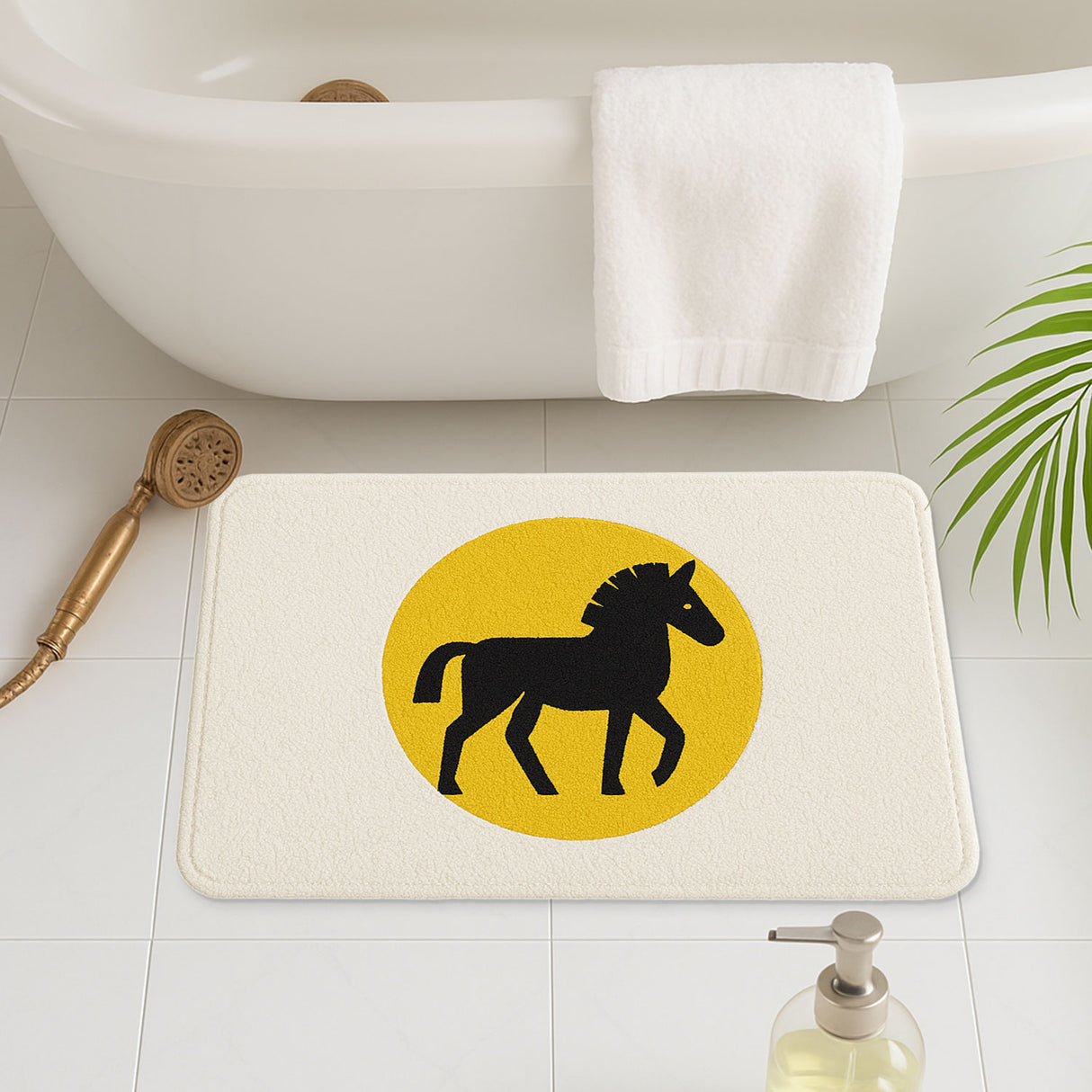 Feblilac Minimalist Horse Bath Mat – Soft Non-Slip Rug with Yellow Circle Accent