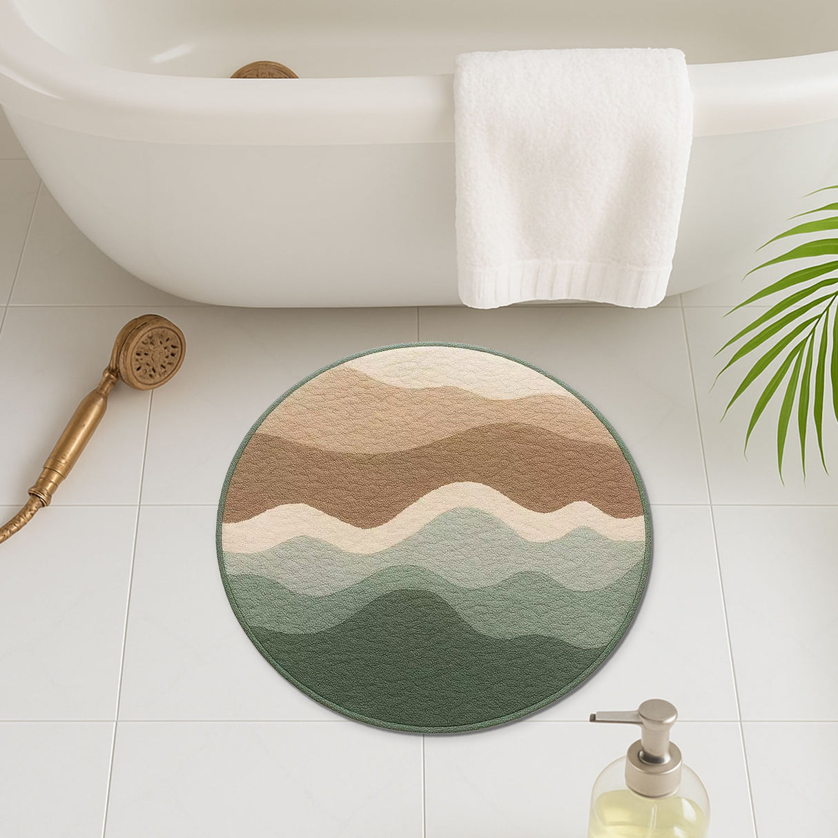 Earth Tone Round Bath Mat – Minimalist Wavy Pattern Rug for Bathroom & Entryway
