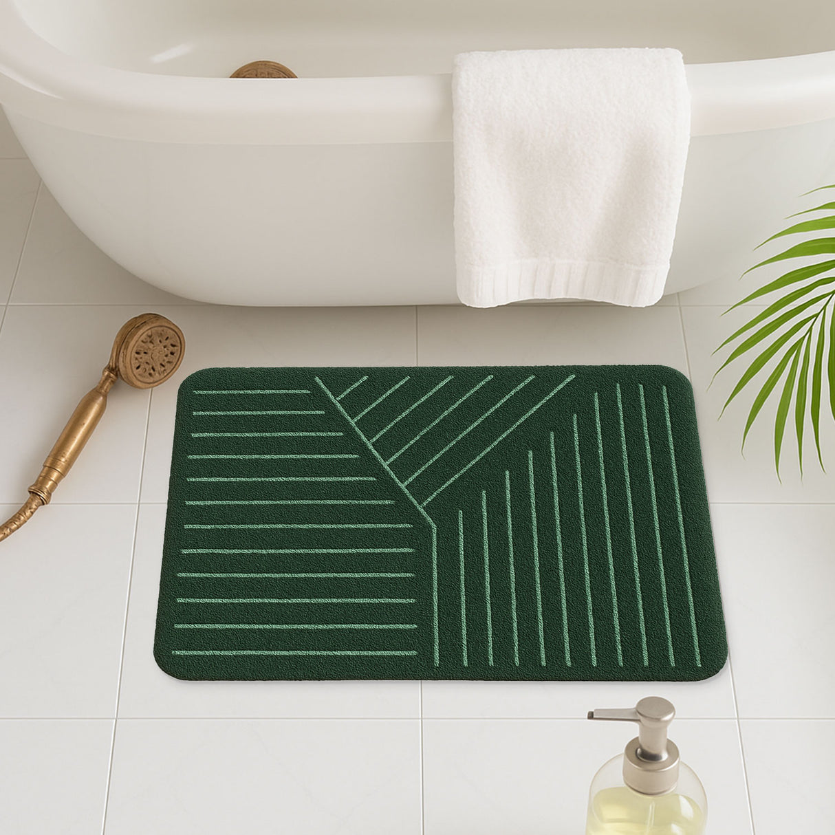Feblilac Minimalist Green Striped Bath Mat – Non-Slip, Quick-Dry, Soft Underfoot