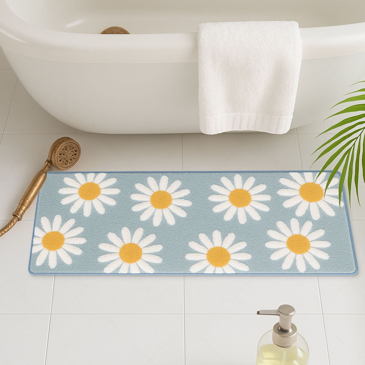 Feblilac Long Daisy Bath Mat – Soft Non-Slip Floral Runner Rug for Bathroom & Kitchen
