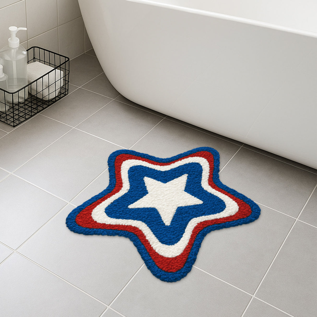 Patriotic Star Tufted Bath Mat – Red White Blue Rug for July 4th Decor