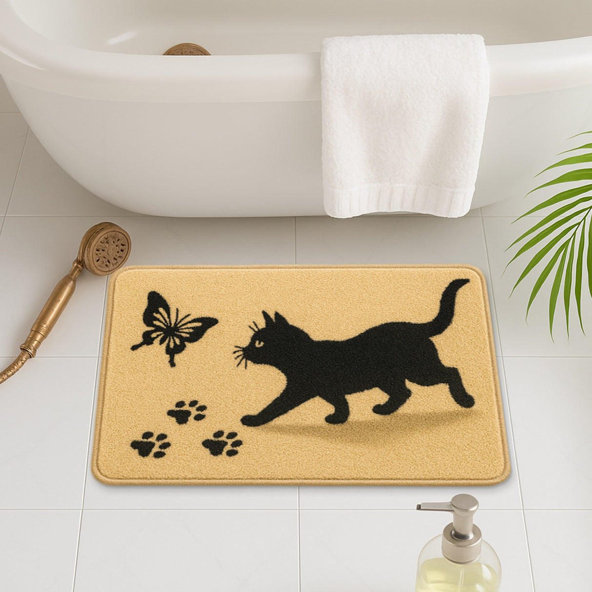 Feblilac Black Cat and Butterfly Bathroom Rug – Soft, Non-Slip Mat for Pet Lovers