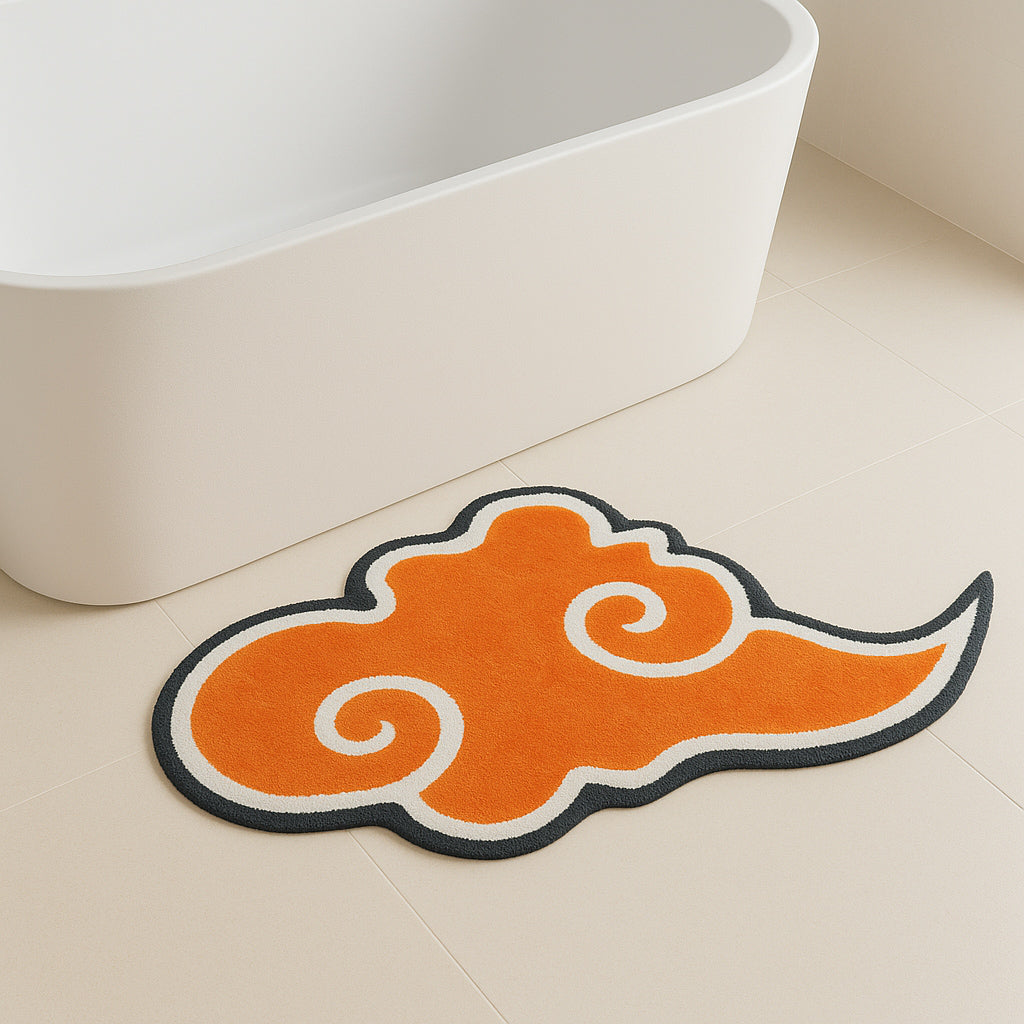 Feblilac Orange Cloud-Shaped Tufted Bath Mat – Unique Swirl Rug for Bathroom & Bedroom