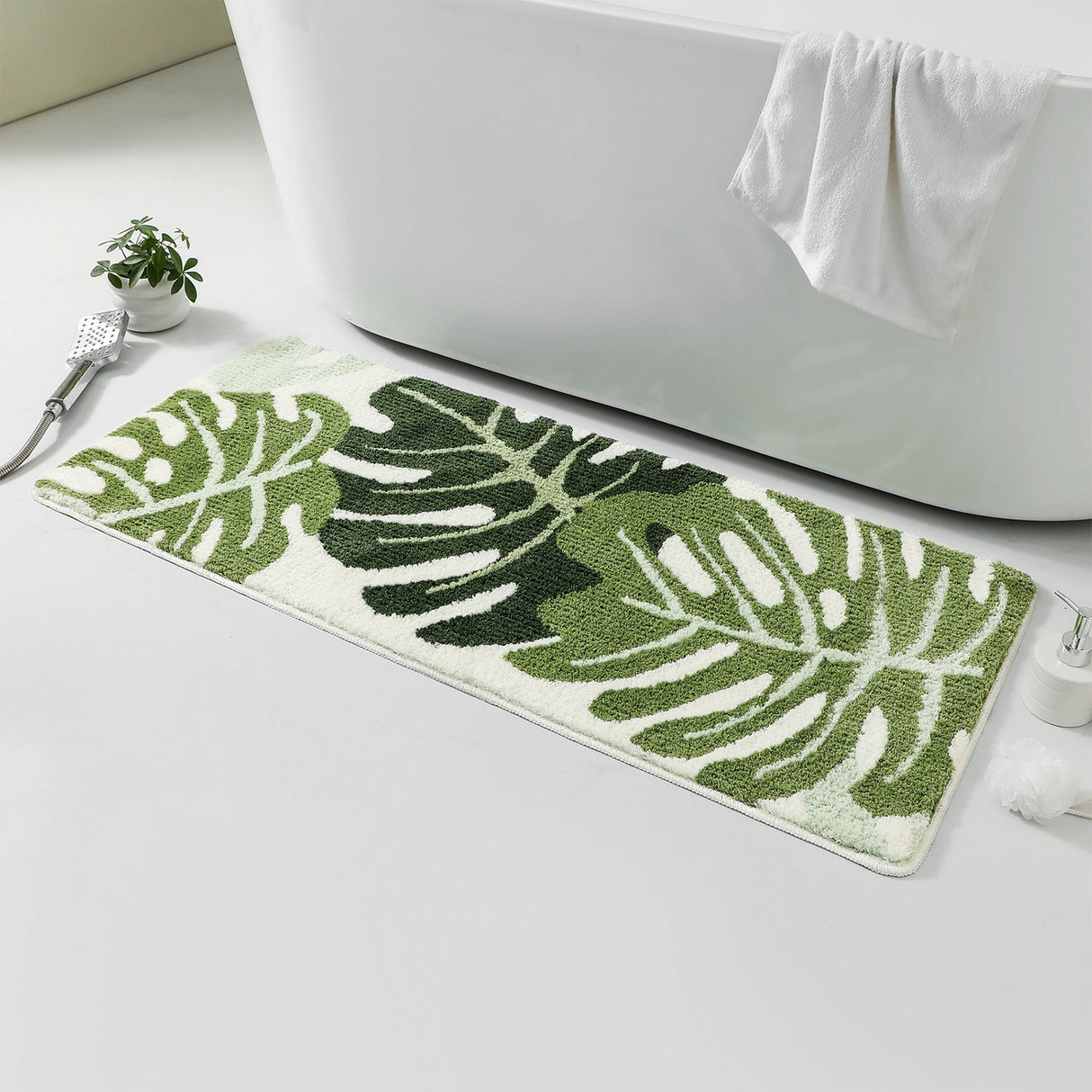 Feblilac Green Monstera Leaves Runner Mat, Tufted Mat for Bedroom or Bathroom, 19.7"x47.2"