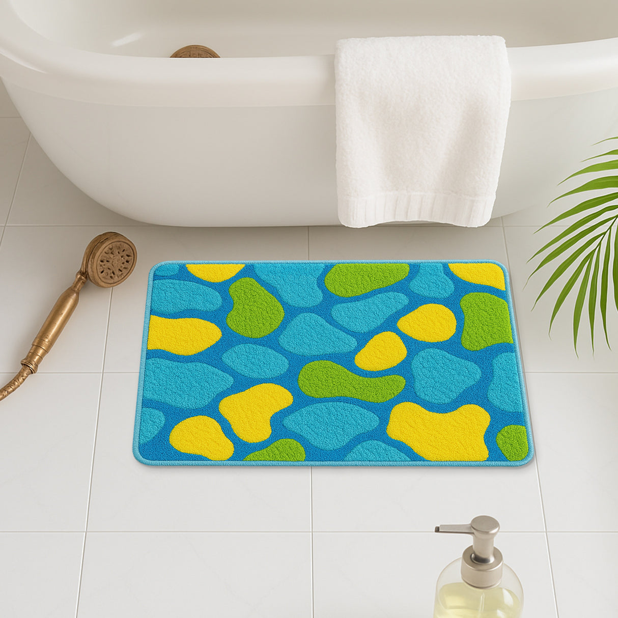 Feblilac Colorful Abstract Bath Mat – Non-Slip Bathroom Rug with Blue, Yellow & Green Modern Design, Soft and Absorbent