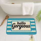 Feblilac Hello Gorgeous Bath Mat – Bold Lettering Rug in Teal and Cream, Non-Slip & Machine Washable