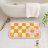 Feblilac Retro Checker Flower Bath Mat – Soft Plush Non-Slip Cute Bathroom Rug