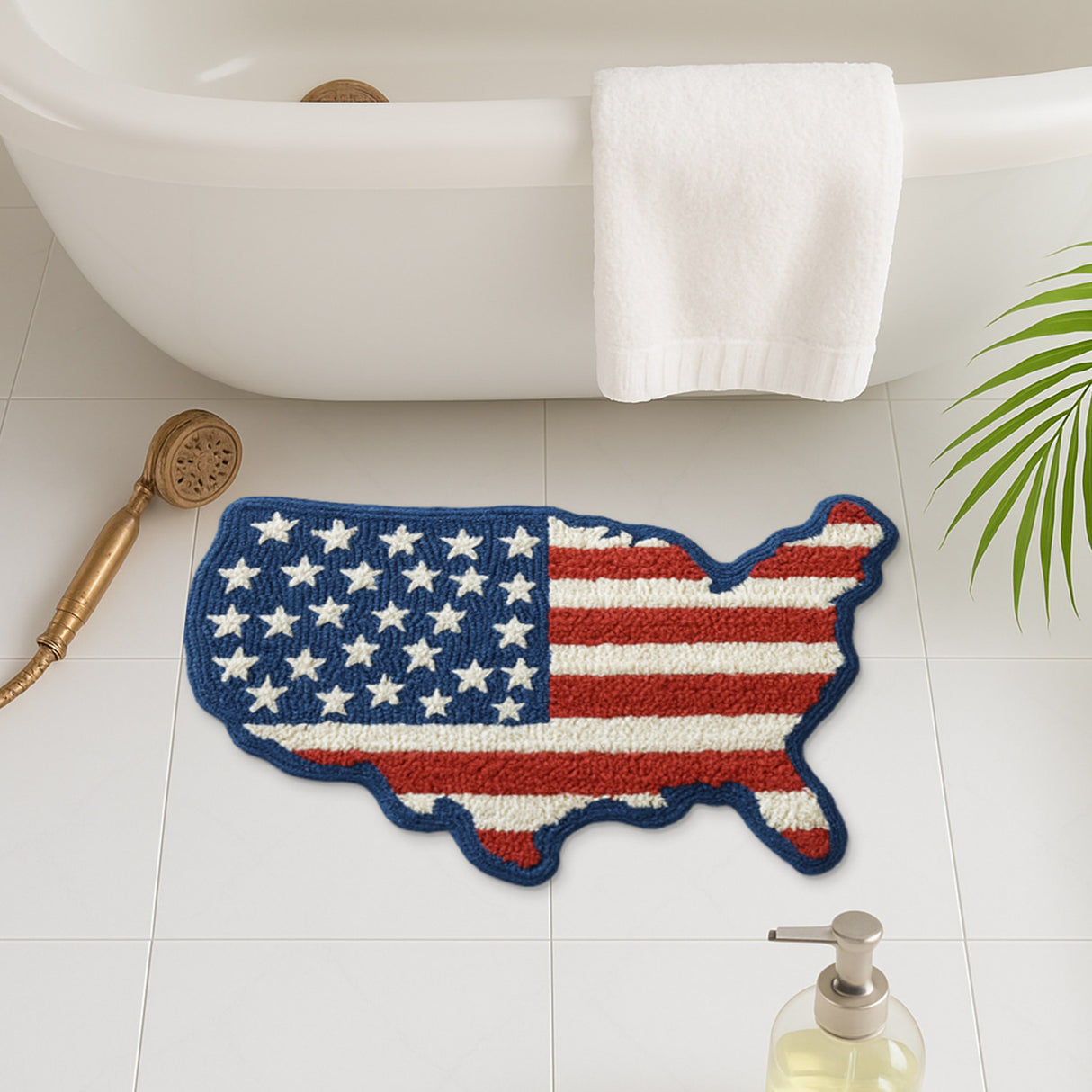 USA Map Tufted Rug – Patriotic Red White Blue Star-Spangled Bath Mat