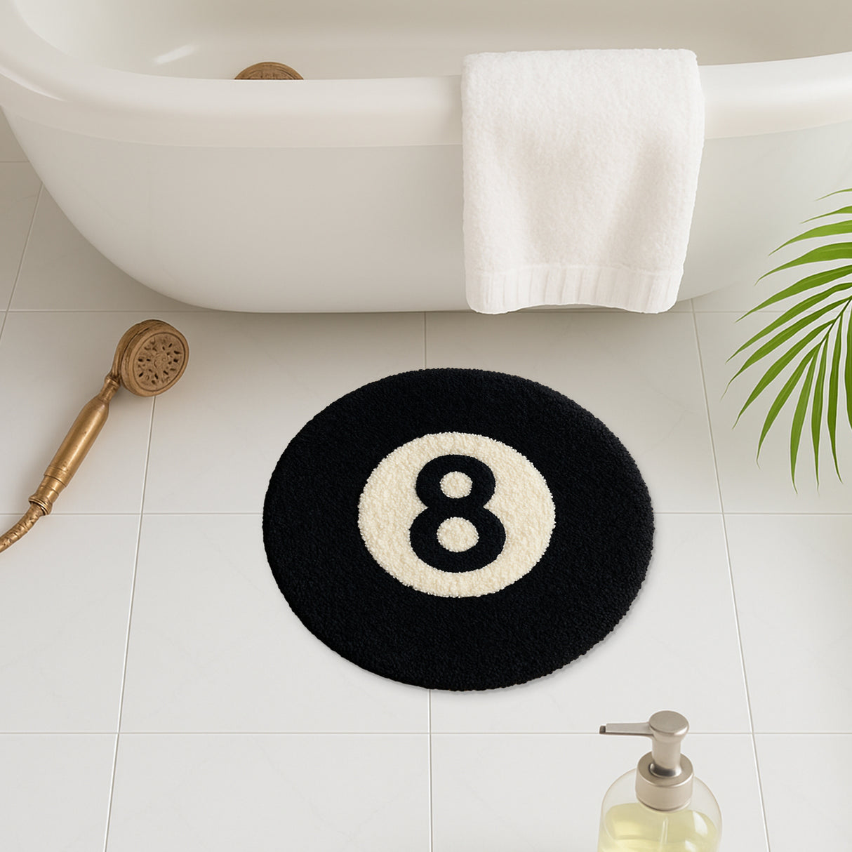 8-Ball Round Tufted Bath Mat – Retro Graphic Non-Slip Rug for Bathroom or Bedroom